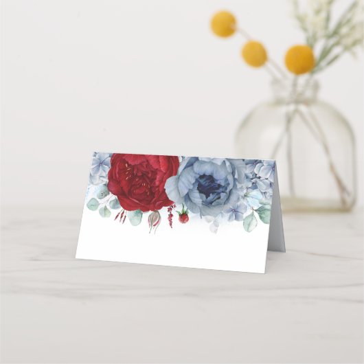 ブルーレッドシェーズエレガントフラワーボー結婚ホ プレイスカード (裏面)