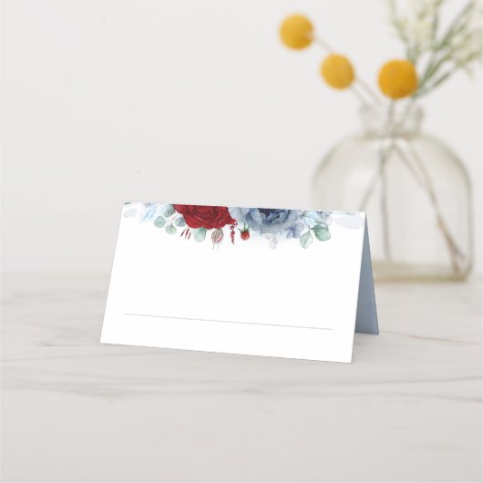 ブルーレッドシェーズエレガントフラワーボー結婚ホ プレイスカード (正面)