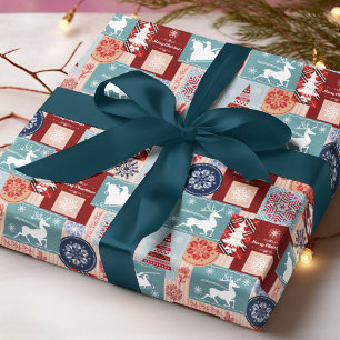 ブルーレッドタータンチェックのパッチワーク メリークリスマス ラッピングペーパー