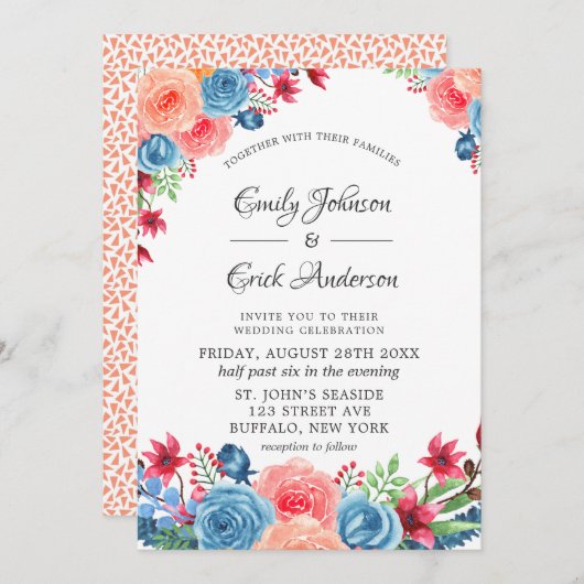ブルーレッドピンクオレンジ牡丹結婚式招待状 招待状 (正面/裏面)