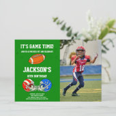 ブルーレッドフットボール誕生日招待状w写真 招待状 (スタンド正面)