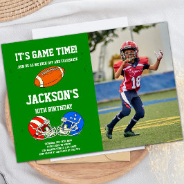 ブルーレッドフットボール誕生日招待状w写真 招待状