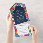 ブルーレッドフラワーズネイビー結婚フローラ オールインワン招待状 (貼ってはがせる)