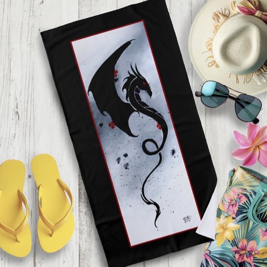 ブルーレッドフラワーズブラックドラゴン ビーチタオル