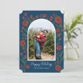 ブルーレッドフラワーズボホアーキフォトホリデーカード シーズンカード (スタンド正面)