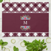 ブルーレッドフラワーブーケツブルゴーニュプレイドモノグラム  キッチンタオル (折り畳み)