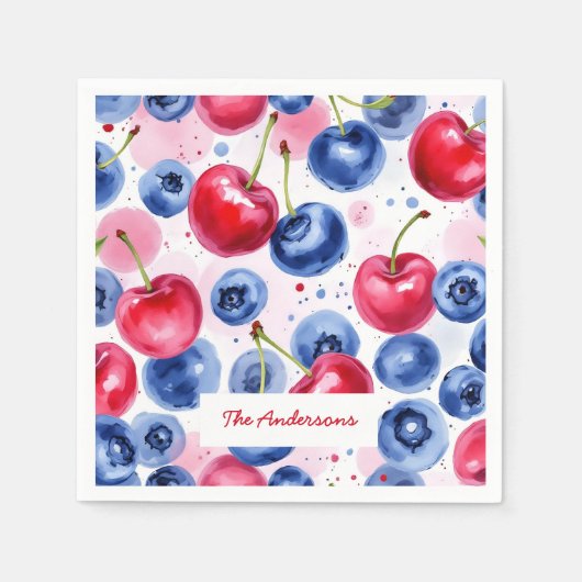 ブルーレッドフルーツフードウォーターカラーベリーさくらんぼ スタンダードカクテルナプキン (正面)