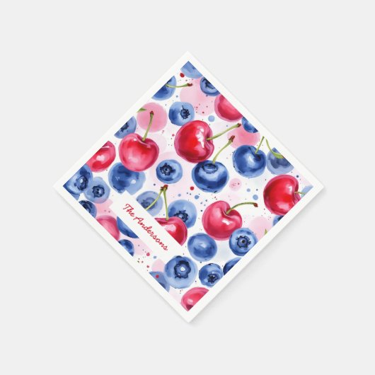 ブルーレッドフルーツフードウォーターカラーベリーさくらんぼ スタンダードカクテルナプキン (角)