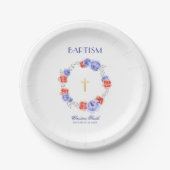 ブルーレッドフローラウォーターカラーバプテスマ《キリスト教》洗礼式や命名式 ペーパープレート (正面)