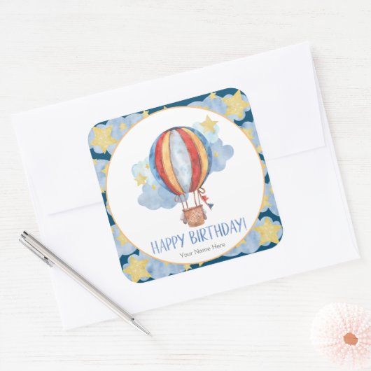 ブルーレッドホットエアバルーンスターキッズハッピーバースデー スクエアシール (封筒)