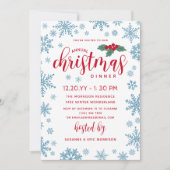 ブルーレッドホリースノーフレークスクリスマスディナー 招待状 (正面)