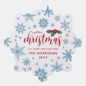 ブルーレッドホリー雪片メリークリスマスフォト オーナメントカード (正面)