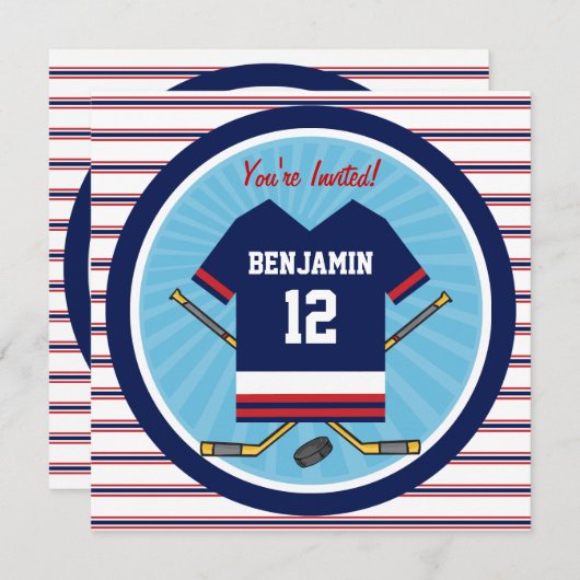 ブルーレッドホワイトアイスホッケージャージー誕生日パーティー 招待状 (正面/裏面)