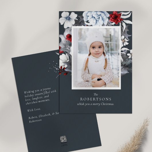 ブルーレッドホワイトホリデーボタニカルクリスマスカード シーズンカード