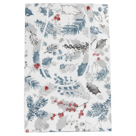 ブルーレッドホワイトホリデーリーフのクリスマス ミディアムペーパーバッグ