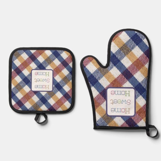 ブルーレッドホワイト金ゴールドホームスウィートホーム 鍋つかみ&鍋敷きセット (正面)