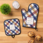 ブルーレッドホワイト金ゴールドホームスウィートホーム 鍋つかみ&鍋敷きセット (トップダウン)