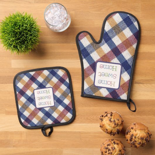 ブルーレッドホワイト金ゴールドホームスウィートホーム 鍋つかみ&鍋敷きセット (トップダウン)