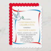 ブルーレッドホワイト鳩の確認お祝い 招待状 (正面/裏面)