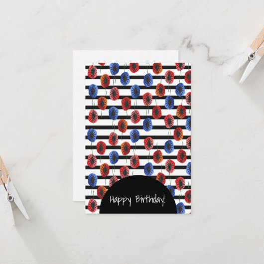 ブルーレッドポピーフローラハッピーバースデー任意の機会 カード (正面/裏面インサイチュ)