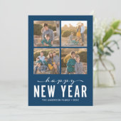 ブルーレッドモダンハッピーニューイヤー写真コラージュ シーズンカード (スタンド正面)