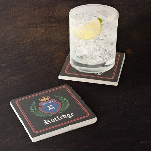 ブルーレッドモノグラムのクレストクラウンローレルリース ストーンコースター