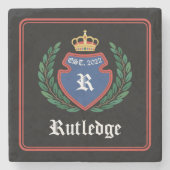 ブルーレッドモノグラムのクレストクラウンローレルリース ストーンコースター (正面)