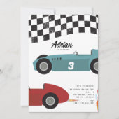 ブルーレッドレースファストレトロレーシングカー誕生日 招待状 (正面)