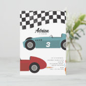 ブルーレッドレースファストレトロレーシングカー誕生日 招待状 (スタンド正面)
