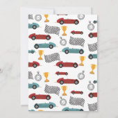 ブルーレッドレースファストレトロレーシングカー誕生日 招待状 (裏面)