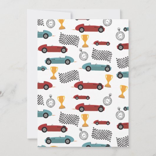 ブルーレッドレースファストレトロレーシングカー誕生日 招待状 (裏面)