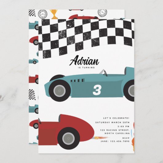 ブルーレッドレースファストレトロレーシングカー誕生日 招待状 (正面/裏面)