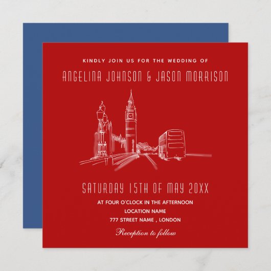 ブルーレッドロンドン結婚式招待状 招待状 (正面/裏面)