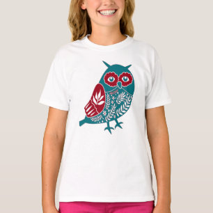 ブルーレッドヴィンテージフクロウ鳥 Tシャツ
