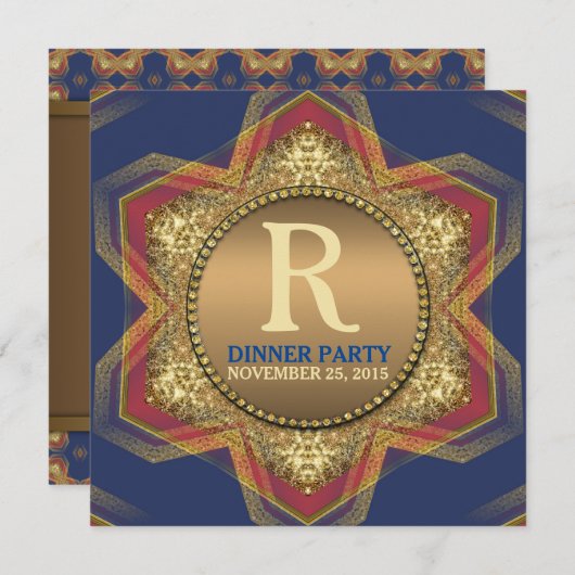 ブルーレッド六角スター金ゴールドディナーパーティの招待状 招待状 (正面/裏面)