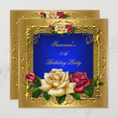 ブルーレッド王室のクリームバラ金ゴールドエレガント誕生日B 招待状 (正面/裏面)