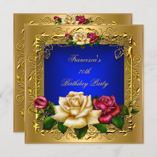 ブルーレッド王室のクリームバラ金ゴールドエレガント誕生日B 招待状 (正面/裏面)