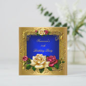ブルーレッド王室のクリームバラ金ゴールドエレガント誕生日B 招待状 (スタンド正面)