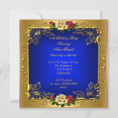 ブルーレッド王室のクリームバラ金ゴールドエレガント誕生日B 招待状 (裏面)