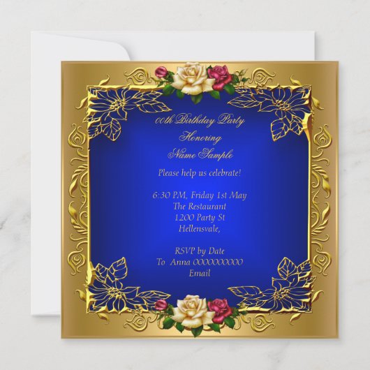 ブルーレッド王室のクリームバラ金ゴールドエレガント誕生日B 招待状 (裏面)