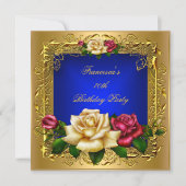 ブルーレッド王室のクリームバラ金ゴールドエレガント誕生日B 招待状 (正面)