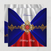 ブルーレッド王室のホワイト誕生日金ゴールドジュエルシルク 招待状 (正面/裏面)