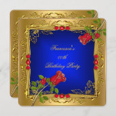 ブルーレッド王室のローゼス金ゴールドエレガントバースデーパーティー 招待状 (正面/裏面)