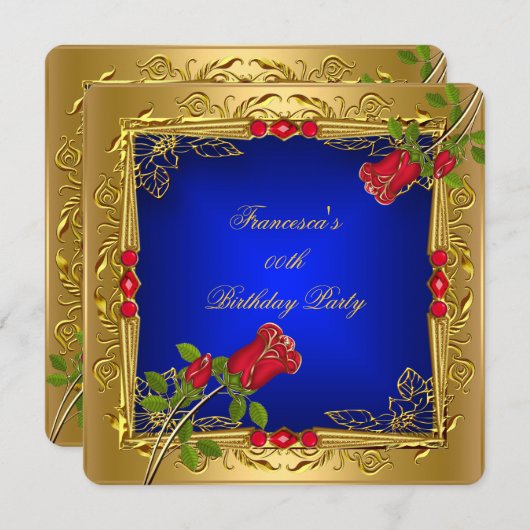 ブルーレッド王室のローゼス金ゴールドエレガントバースデーパーティー 招待状 (正面/裏面)