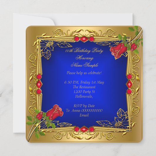 ブルーレッド王室のローゼス金ゴールドエレガントバースデーパーティー 招待状 (裏面)