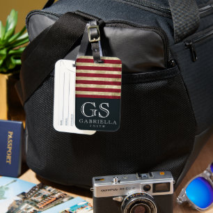 ブルーレッド白ストライプ色モノグラム名USA旅行 ラゲッジタグ