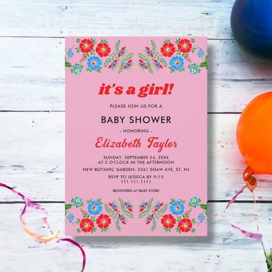 ブルーレッド素朴ローゼズフローラガールベビーシャワー 招待状