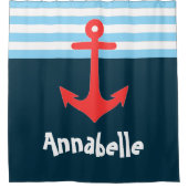 ブルーレッド航海のいかりストライプ シャワーカーテン (正面)