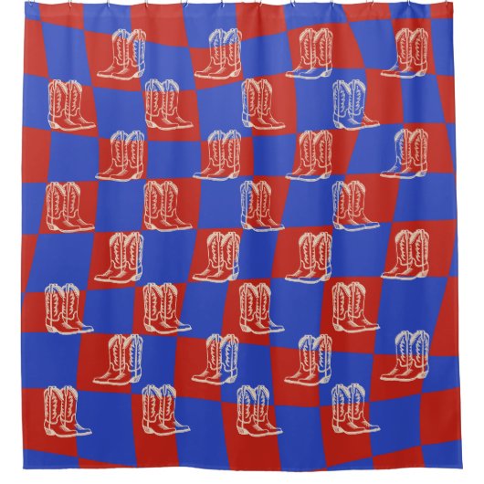 ブルーレッド西カウボーイブーツ シャワーカーテン (正面)