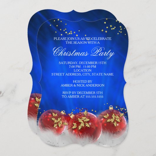 ブルーレッド金ゴールドボーブルホワイトクリスマスパーティー 招待状 (正面/裏面)